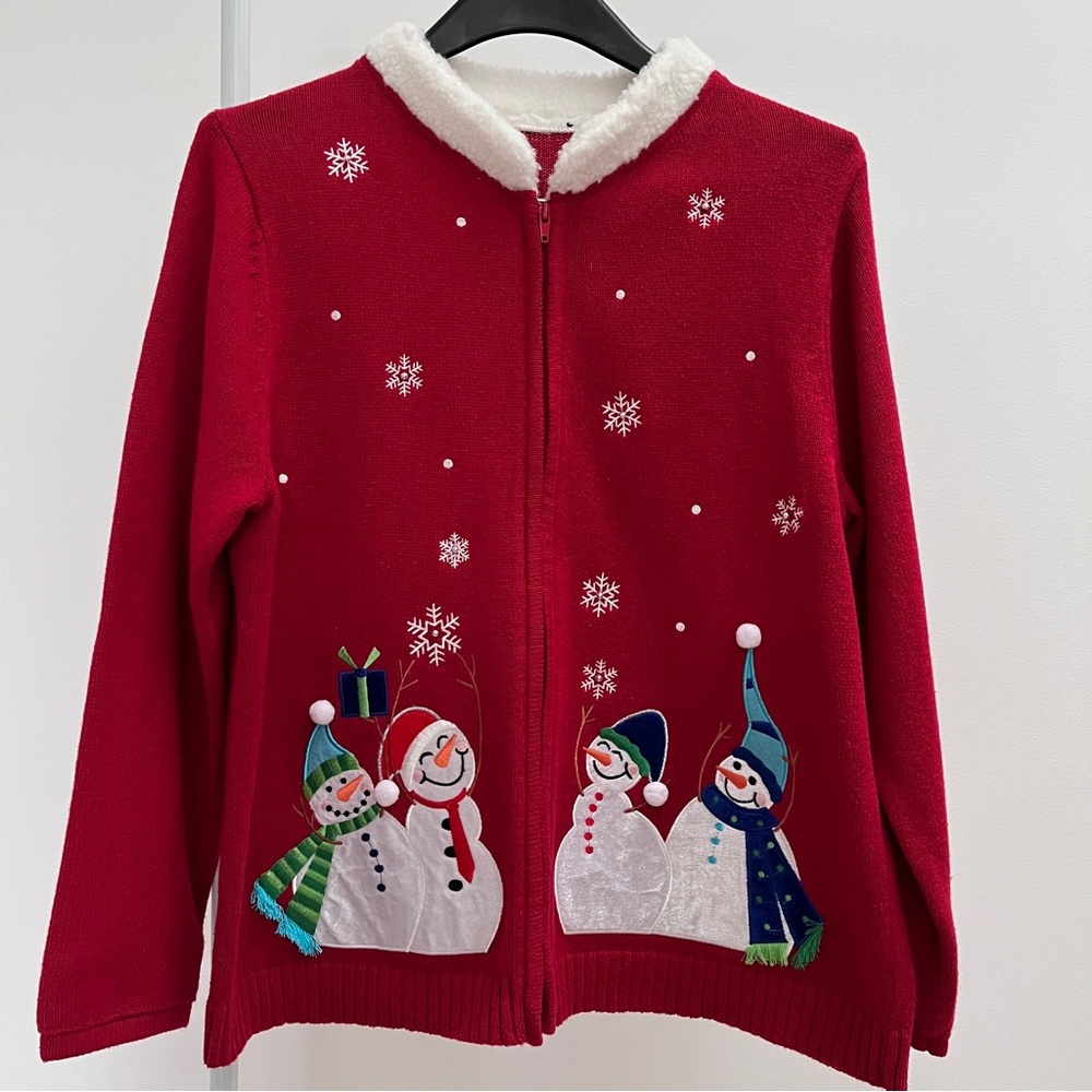 Embroidered snowman snowflake ugly Christmas sweater zip cardigan pompom fringe